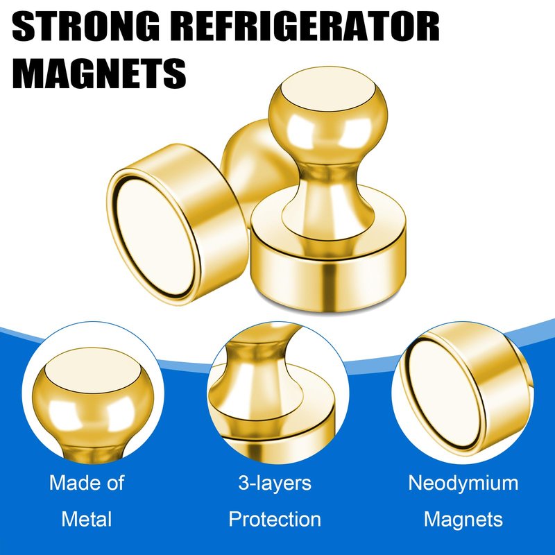 LOVIMAG 30 PCS Refrigerator Magnets, Gold Fridge Magnets Small Strong Neodymium Magnet for Whiteboard, Metal Push Pin Magnet Ideal for Adults, Kitchen, Office, School