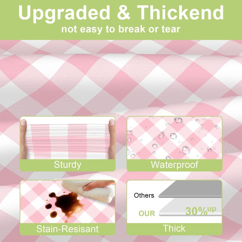 QIKSION Pink Gingham Tablecloth Disposable 2 Pack, 54 x 108 Inch Pink and White Checkered Table Cloth for Baby Shower, Easter, Mothers Day Decorations, Birthday Party, Rectangle, Plastic Table Cover