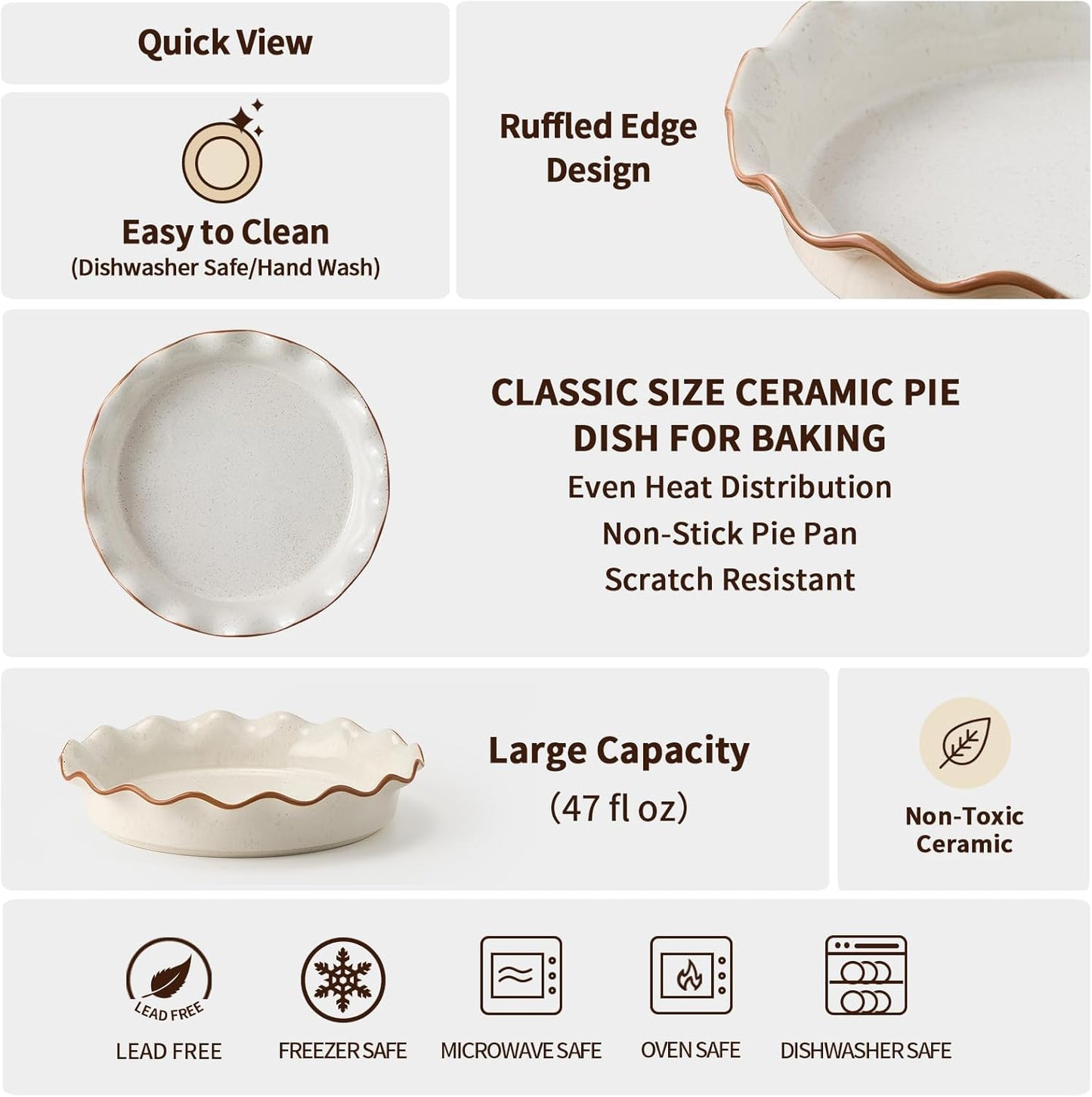 SIDUCAL Non-Stick Ceramic Pie Pan - 10.5 Inch Ruffled Edge, Dishwasher & Oven Safe, White