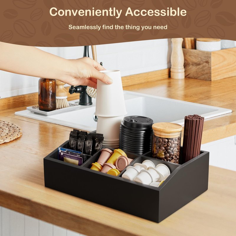 GCWSTJK Black Coffee Station Organizer for Countertop, Coffee Bar Accessories and Organizer, Coffee Pod Holder Storage Basket for K Cup Sugar Tea