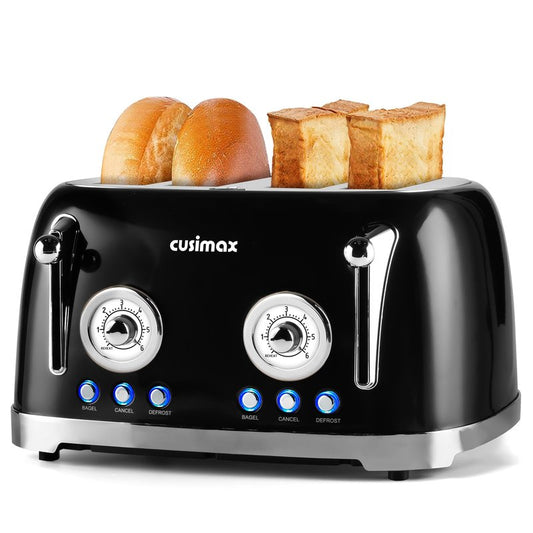 CUSIMAX Toaster 4 Slice, Retro Toaster with Wide Slots for Bagels, Stainless Steel with 6 Toast Settings, Bagel, Cancel, Defrost & Reheat Functions, Dual Independent Control Panels, Black
