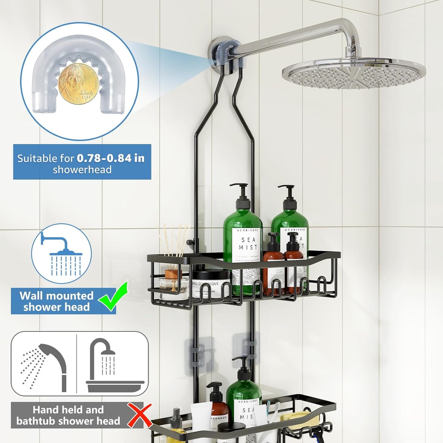 Skiennix Shower Organizer - Upgraded Extended Length Rustproof Caddy with Hooks | Large Bathroom Storage