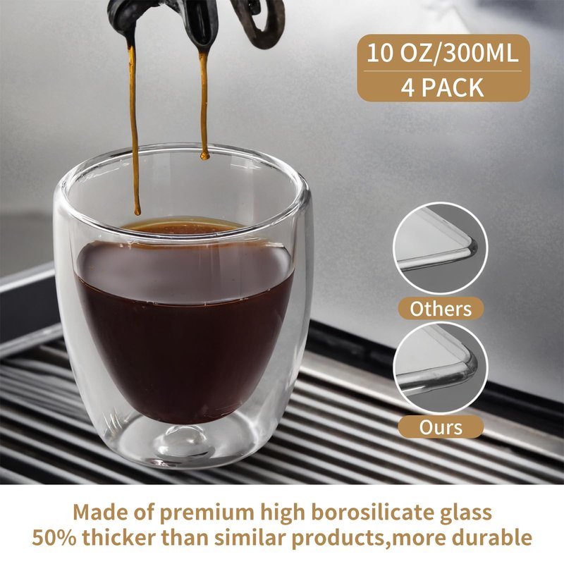 10oz Double Wall Espresso Cups Set of 4, Clear Expresso Shots Cup, Double Wall Insulated Espresso Mugs, 300 ML Tazas de Cafe Expreso, Microwave Dishwasher Safe,Suit for Espresso Machine