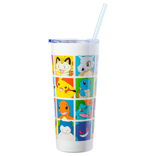 Silver Buffalo Pokemon Pikachu, Snorlax, Charmander, Squirtle, Bulbasaur, Eevee, Gengar, Togepi, Magikarp, Psyduck, Jigglypuff, Meowth, Mew Double Walled Stainless Steel Tumbler with Straw, 22 Ounces