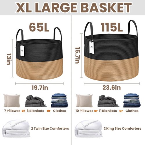 JMvicyroam Extra Large Blanket Basket - Woven Cotton Rope Laundry Hamper with Reinforced Handles | Black & Jute, Machine Washable