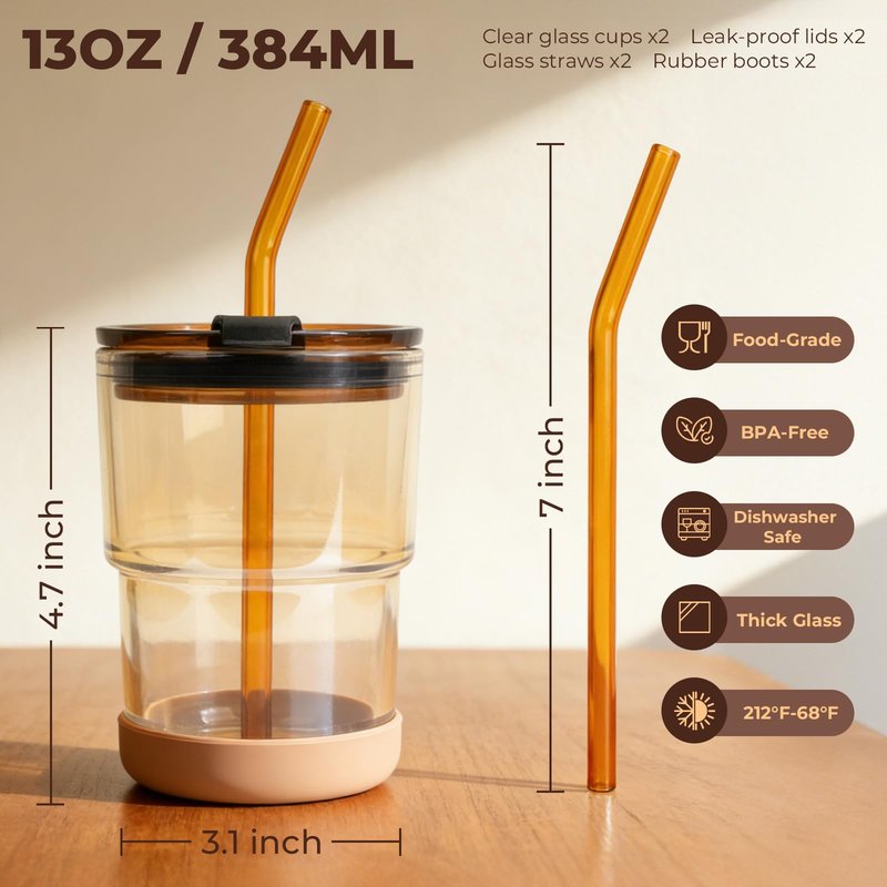 Zukro 13 oz Glass Iced Coffee Cups with Lid and Straw, Leak Proof Glass Tumbler for Ice Tea, Water, Non-Slip Silicone Bottom, Thick Wall Drinking Glasses for Home/Office, BPA Free, Amber 2 Pack