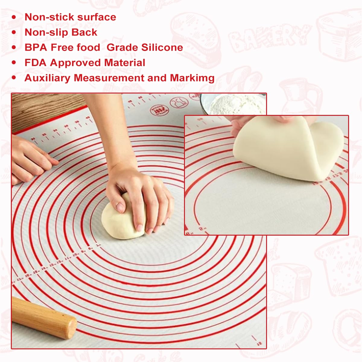 Silicone Baking Mat, 3pcs Non-Stick Pastry Rolling Mat with Measurement, Contains Three Sizes, 20 ×28“, 16 × 24" and 10.3 × 11.4", Food Safe Oven Baking Mats for Counter, Placemat, Cake, Pizza (Red)