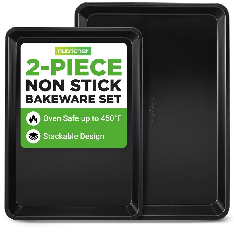 NutriChef 2-Piece Baking Sheet Non Stick - Premium Carbon Steel Cookie Sheets for Baking - Large and Medium Baking Trays for Oven - Black
