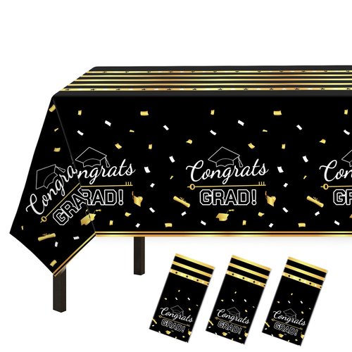 Childom 3 Pack Graduation Tablecloth,Graduation Decorations Class of 2026 Graduation Party Decorations,54"x108" Black and Gold Plastic Table Cloth Disposable Rectangle for Home,School,Party Supplies