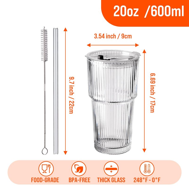 SUROQUE 20oz Ribbed Glass Tumblers with Lids & Straws, Ideal for Iced Coffee, Cocktails & More - Includes Cleaning Brush