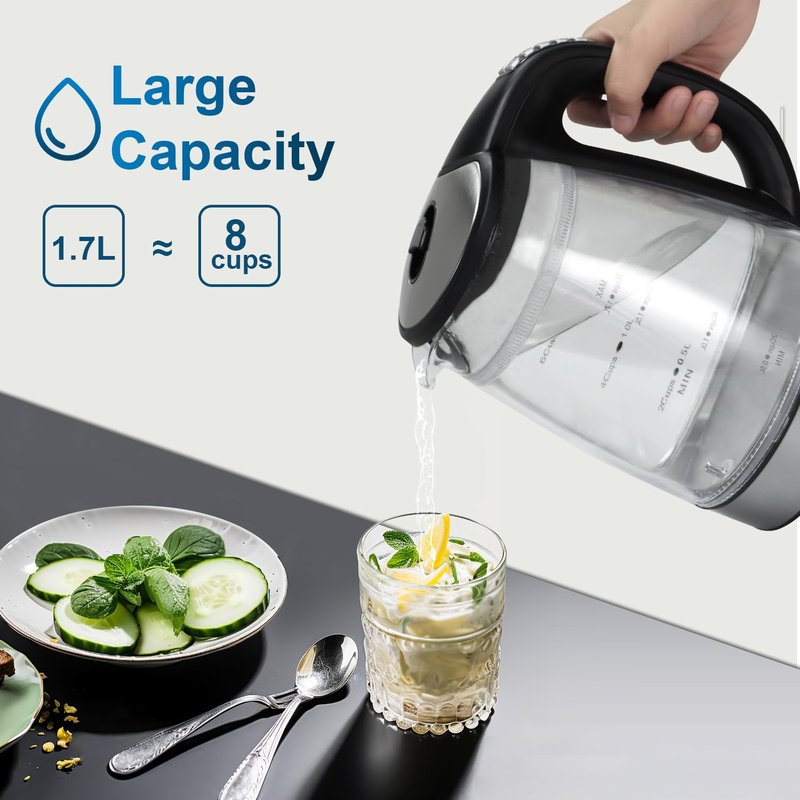 1500W Electric Kettle with Temperature Control - 6-Temp Presets for Tea/Coffee, Double Wall Cool-Touch, 4H Keep Warm, 1.7L Borosilicate Glass & BPA-Free, Fast Boil for Home/Office