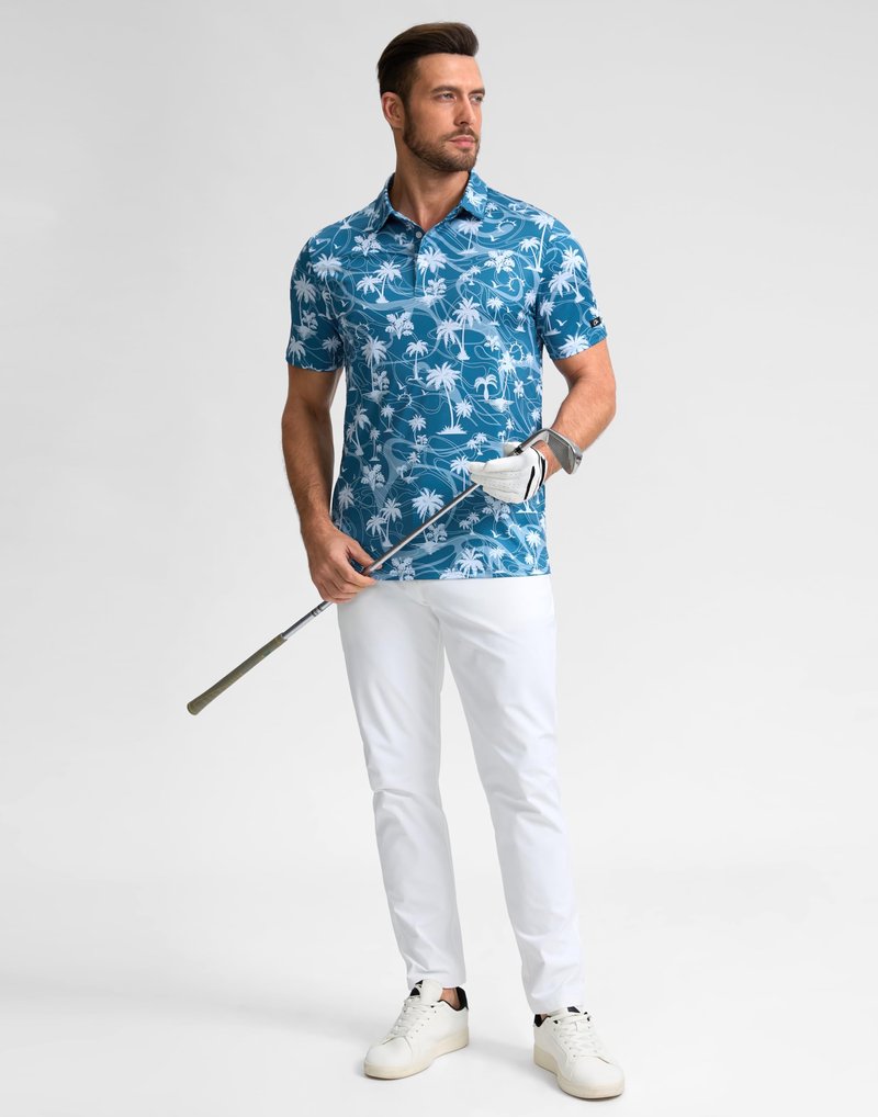 Obla Mens Golf Polo Shirts Short Sleeve Dry Fit Casual Print Collared Golf Shirts Wicking for Men(Blue Coconut Beach_S)
