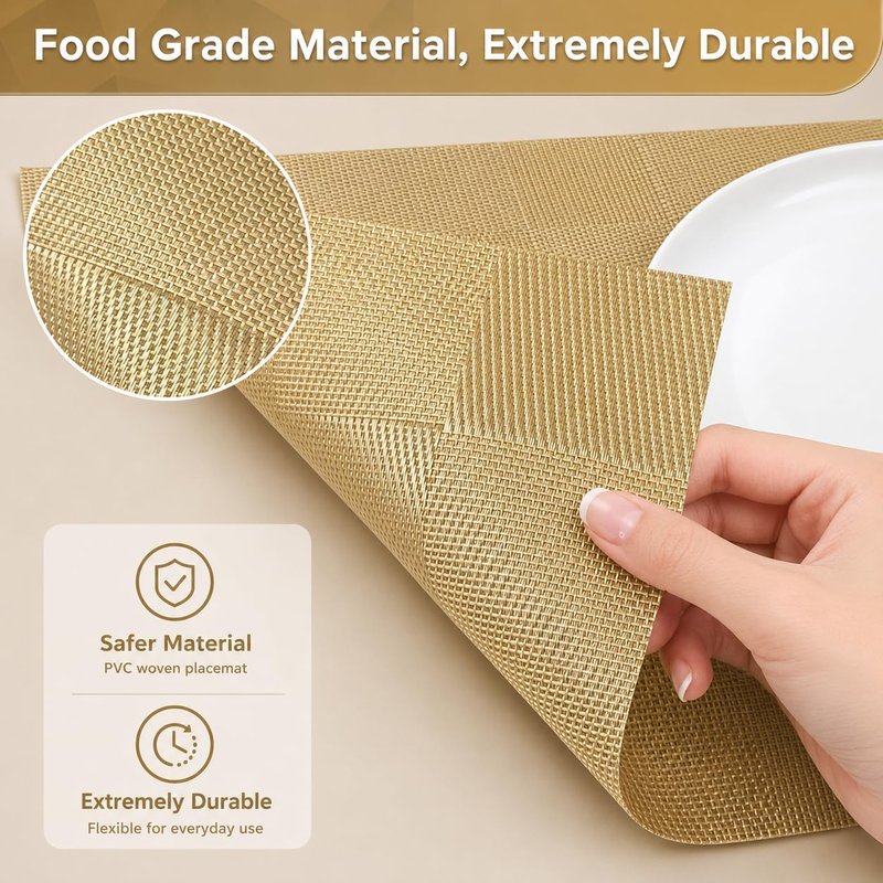 FGSAEOR Champagne Gold Table Placemats Set of 6, Woven Pattern 12 x 18 Inch, Washable Heat Resistant Dining Place Mats for Kitchen Table Decor