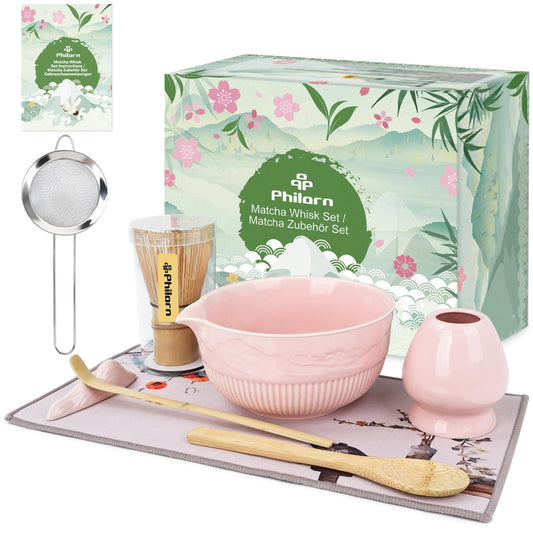 PHILORN Matcha Whisk Set, 9Pcs Ceramic Macha Kit, Matcha Set Whisk and Bowl with Spout, Whisks, Holder, Bamboo Scoop, Scoop Rest, Sifter and Tea Towel for Macha Lover (Pink)