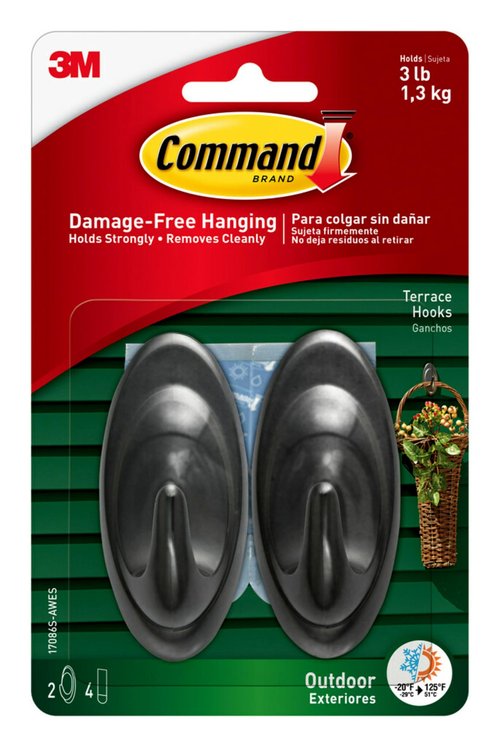 Command Outdoor Terrace Hooks, 2 Hooks and 4 Strips, Damage-Free Hanging Wall Hook for Hanging Outdoor Wall Decor with Weather Resistant Strips, Holds up to 3 lb
