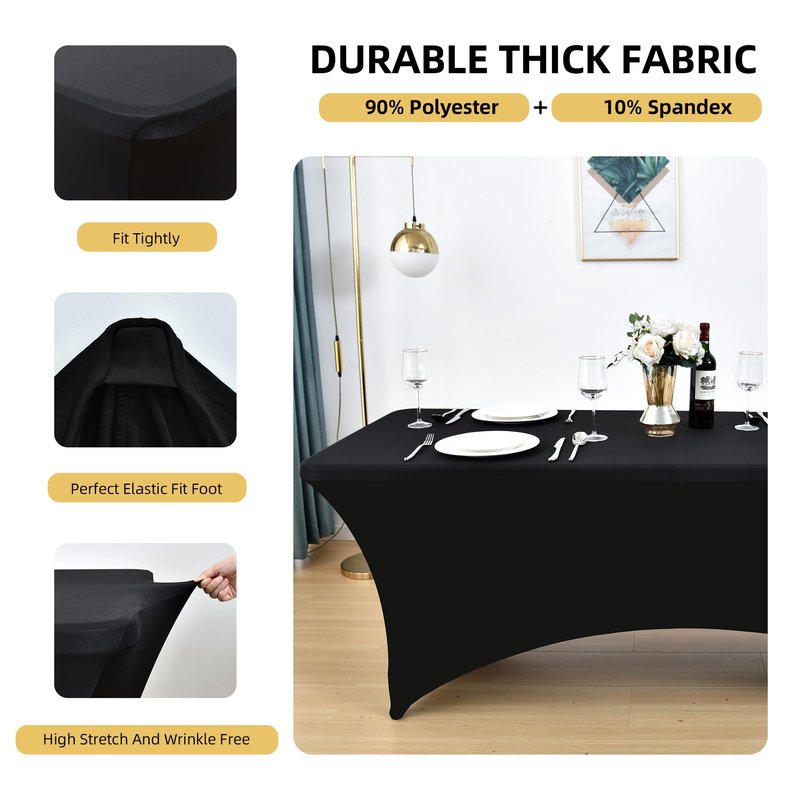 ZarzaaSik 10-Pack 4ft Black Spandex Table Covers for Rectangular Folding Tables - Wrinkle Resistant Stretch Tight Table Cloths - Fitted Table Protector for Parties, Trade Shows, Banquet, and Wedding