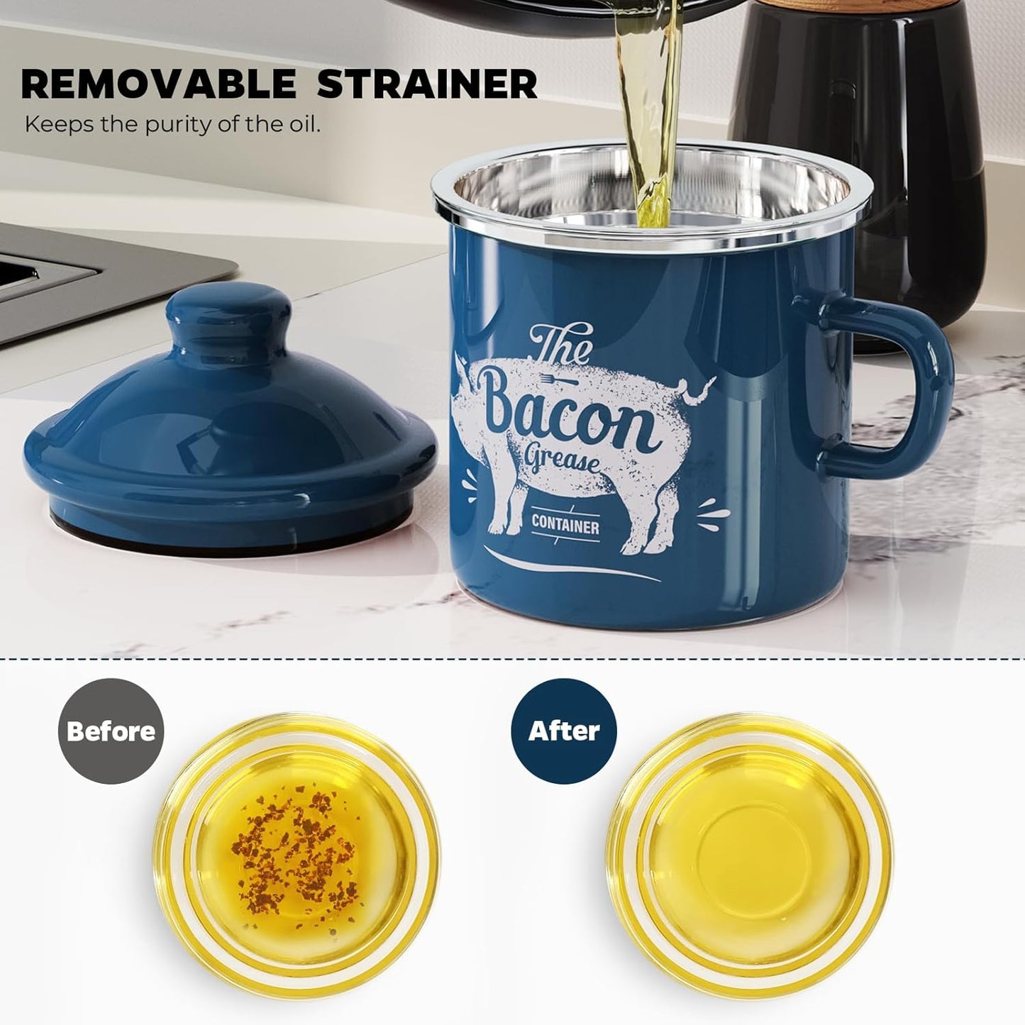 Skiennix Black Meat Chopper - 15oz Mini Blue Bacon Grease Container for Easy Cooking Cleanup