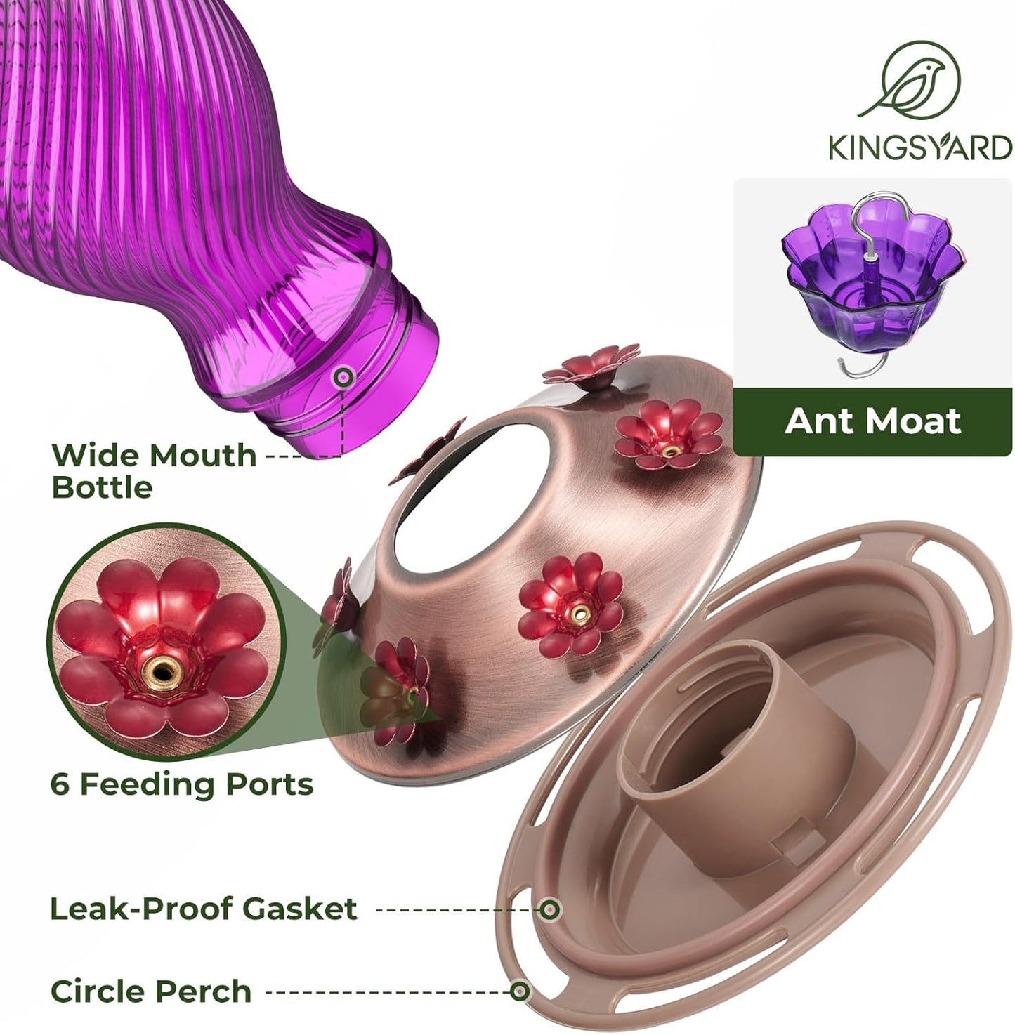 Kingsyard Hummingbird Feeder - 24 oz Outdoor Nectar Feeder with 6 Ports & Ant Moat | Easy Clean Purple
