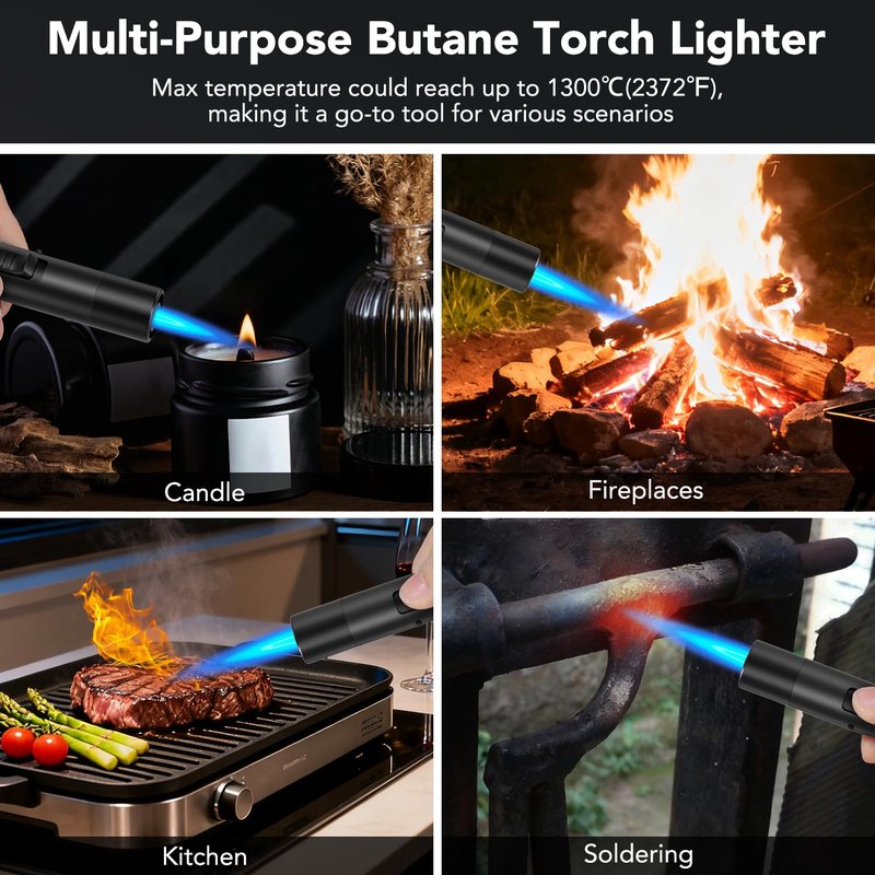 TBTeek 2 Pack Torch Lighters, Refillable Butane Lighter with Safety Lock & Continuous Flame, Visible Fuel Window, Adjuatable Jet Flame Lighter for Candle, BBQ, Fireplaces, Black(Butane Not Included)