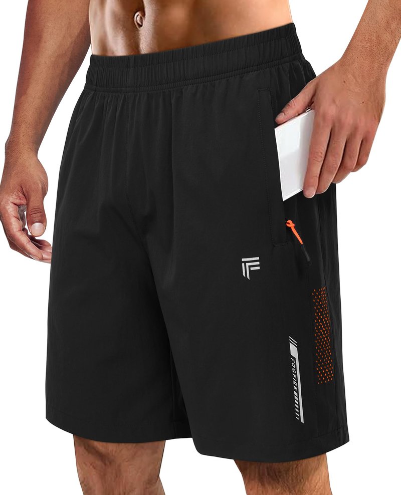 FOGFIRE Men's Athletic Running Shorts with Zipper Pockets Quick Dry Drawstring 7" Gym Shorts for Basketball Workout Jogging-Black