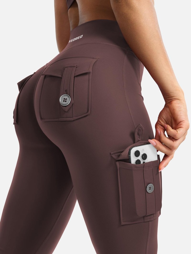 YEOREO CoreFlex Women Workout Flare Leggings with Pockets Hidden Scrunch Cargo Gym Yoga No Front Seam Leggings Brown XXL
