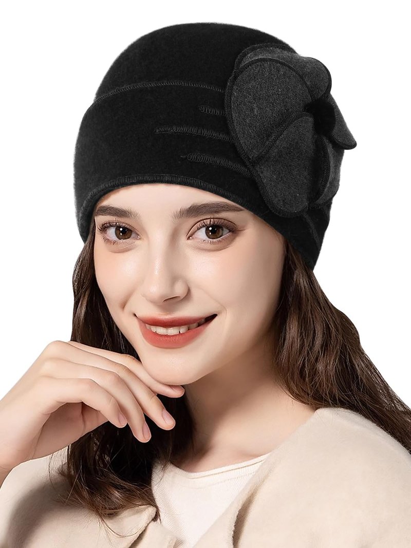 Sumolux Beanie Hats for Women Wool Skull Cap Beret Floral Cuffed French Vintage Dress Cloche Classic Winter 1920s Black Grey