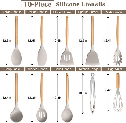 E-far Silicone Cooking Utensils Set - 10-Piece Heat Resistant Kitchen Tools with Wooden Handles | Non-Toxic Khaki