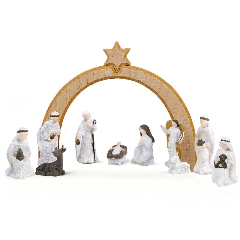 Treewoll 11 Pcs Christmas Scene Nativity Set, Holy Family Scene with Wooden Arched Stable and Resin Figurines Including Baby Jesus, Mary, Joseph and More, Religious Collections for Home Tabletop Decor