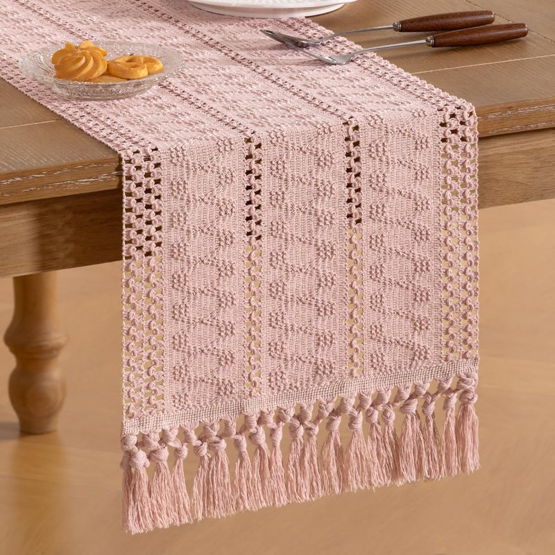 Socomi Boho Table Runner Easter Spring Farmhouse Rustic Dining Kitchen Centerpiece Decor Small Macrame Woven Cotton Linen Coffee Table Runner for Dresser Scarf Home Decor 12x72 in Pink