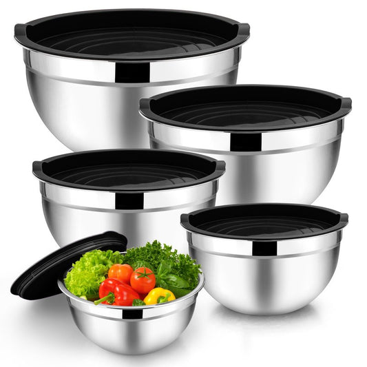 TeamFar Mixing Bowl Set of 5, 4.5/3/1.5/1/0.7 QT, Stainless Steel Metal Nesting Salad Bowl with Lid Set, Ideal for Mixing Serving, Non-Toxic & Sturdy, Airtight Lid & Easy Clean, Black