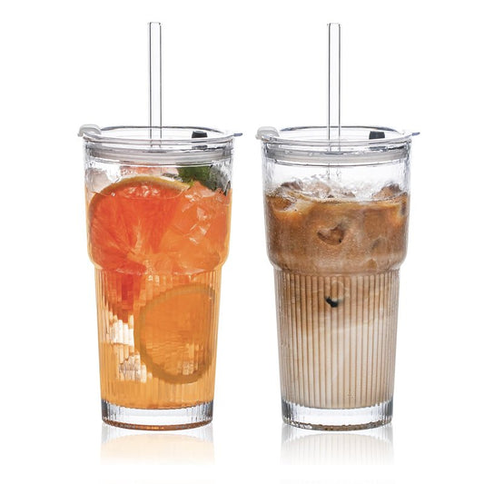 SoulTimes 20oz Glass Tumblers with Lids and Straws, Set of 2 - Stylish Ribbed Design Drinking Glasses for Iced Coffee Cups, Juice, Smoothies, Cold Beverages, Includes Cleaning Brush, Durable Glassware