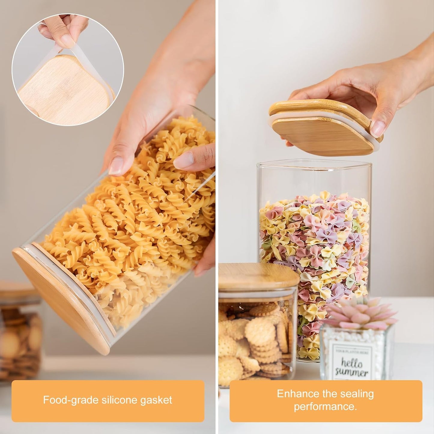 YUNCANG Glass Storage Jars - 6 Pack 37oz Clear Containers with Airtight Bamboo Lids | Stackable Kitchen Canisters for Food Storage