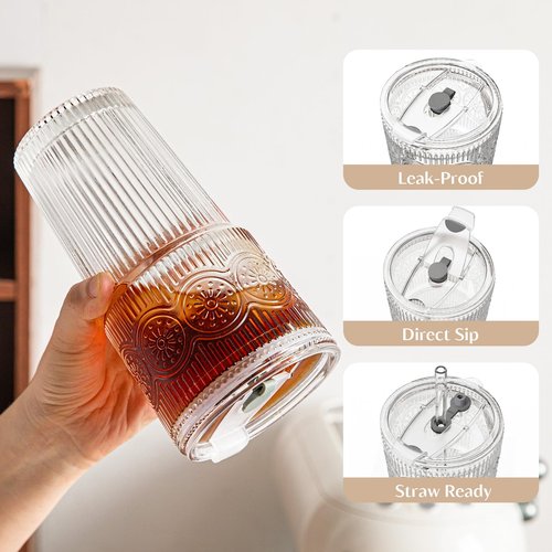 INSETLAN 20oz Ribbed & Floral Glass Tumblers with Lids and Glass Straws, Set of 2 – Iced Coffee Cups, Reusable Drinking Glasses for Water, Smoothies, Tea, and Juice – Perfect for Travel & Daily Use