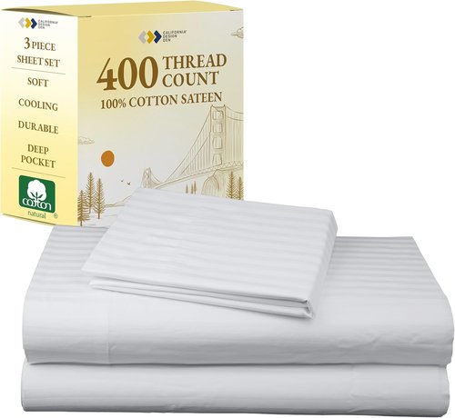 California Design Den Twin XL Sheet Set - 100% Cotton, 400 Thread Count, Silky Smooth Sateen, Striped White