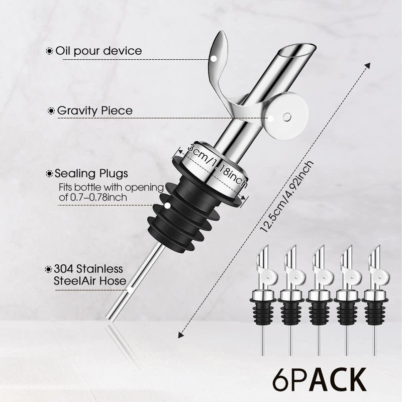 Kinlop 6 Pcs Weighted Stainless Steel Liquor Bottle Pourers Auto Flip Olive Oil Dispenser Spout Balsamic Alcohol Pourer Spouts (Silver)