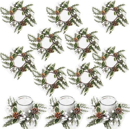 Christmas Greenery Candle Rings by [Brand Name] - 12 Pack with White Berries & Pine Cones | Festive Table Decor