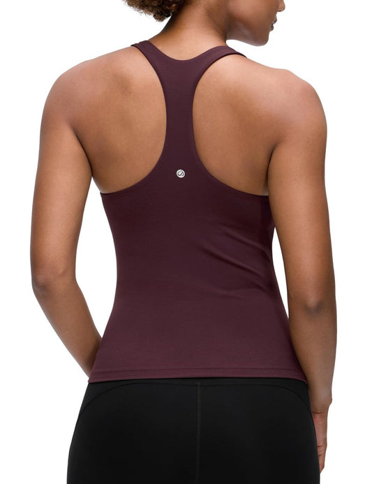 CRZ YOGA Butterluxe Workout Racerback Tank Tops for Women - Padded Athletic Spandex Yoga Shirts with Built in Bra Ripe Plum Large