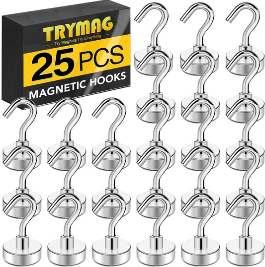 TRYMAG Magnetic Hooks - Heavy Duty 30Lbs Neodymium Magnet Hooks for Refrigerators & Workplaces | 25pcs