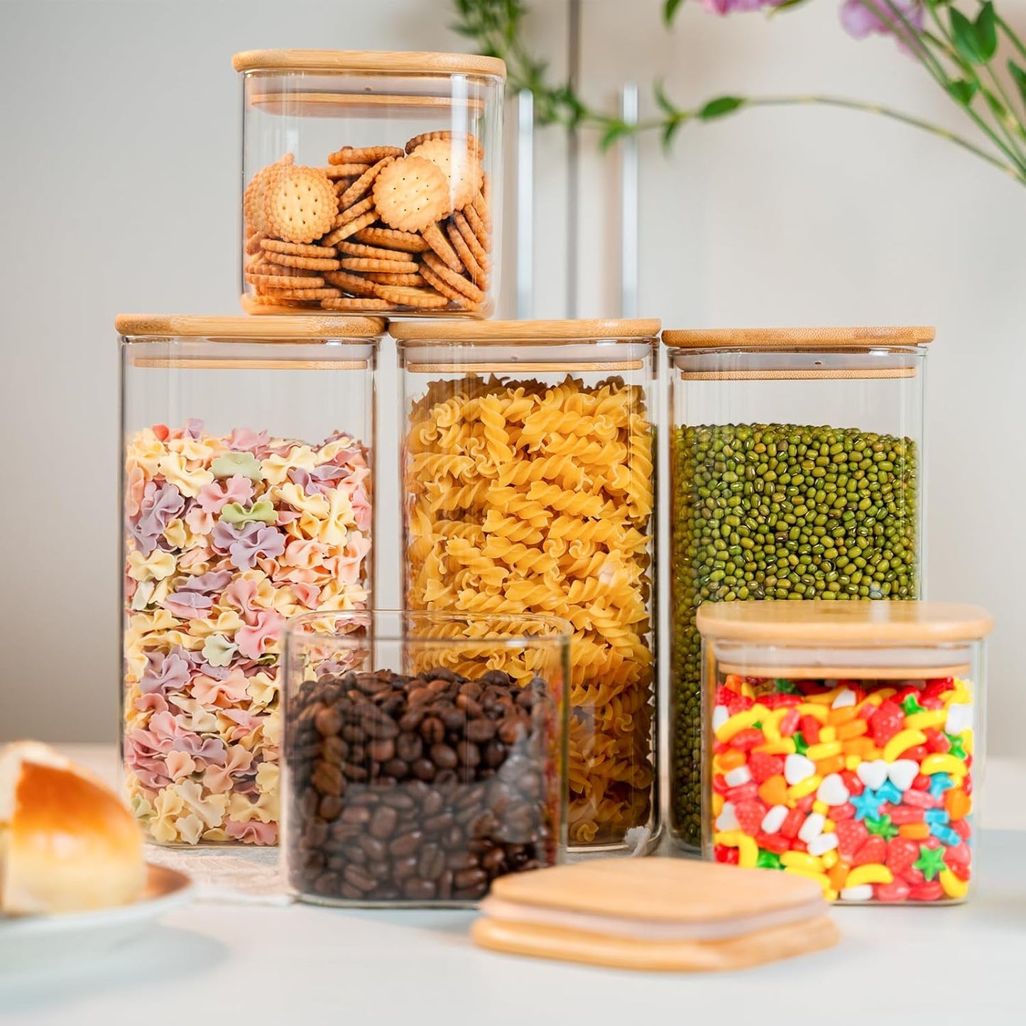 YUNCANG Glass Storage Jars - 6 Pack 37oz Clear Containers with Airtight Bamboo Lids | Stackable Kitchen Canisters for Food Storage