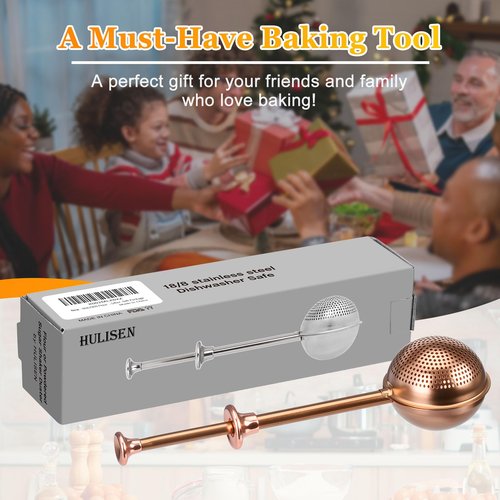 HULISEN Flour Duster for Baking, One-Handed Operation, 304 Stainless Steel Powdered Sugar Shaker Duster, Pick Up and Dust Flour Sifter, Gift Package, Brown