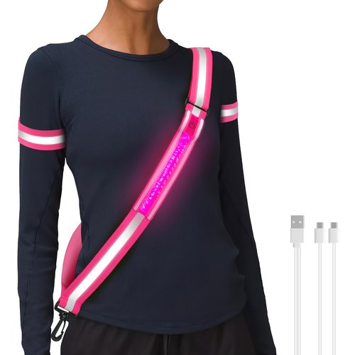 HENMI LED Reflective Belt Sash with Two Arm Reflective Tapes,3 Light Modes Adjustable Length Rechargeable Reflective Running Gear for Men Women Running Cycling Walking and Dog Walking(Pink)