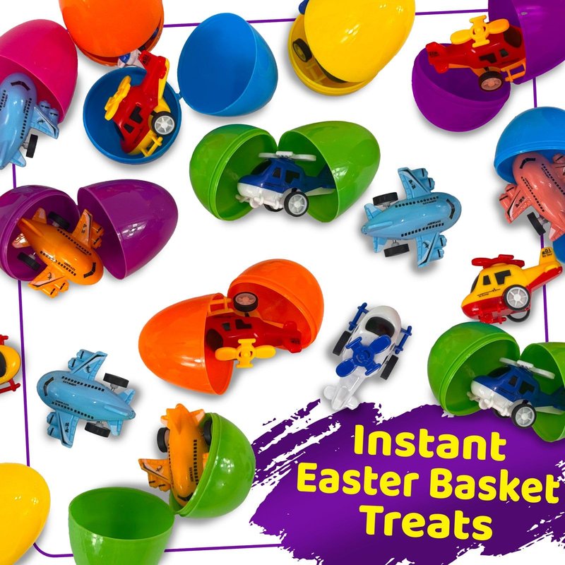 stargo 16 Pack Colorful Prefilled Easter Eggs bulk with toys - mini Aircraft, pull-back Helicopters & Airplanes. Plastic Easter Eggs Filled, Basket Fillers Egg Hunts, Party Favors, Boys Goodie Bags