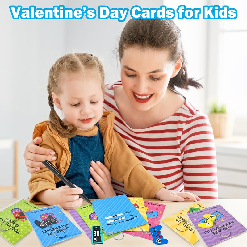 Bulk Valentines Non Candy Gifts Toys Party Favors for Kids School, 48 Pack Valentines Video Game Keychains Exchange Cards for Boys Girls, Goodie Bag Stuffers Fillers Games Activities for Students