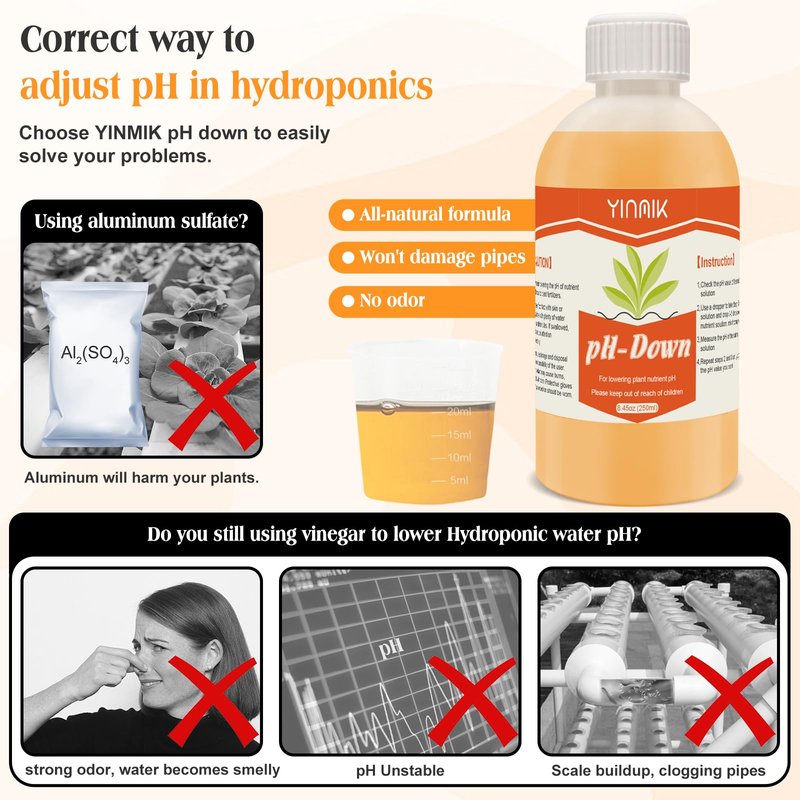 YINMIK General Hydroponics pH Down Liquid, pH Control Liquid Decreases pH Levels, 250ml Premium Buffering for pH Stability,Suitable for All Hydroponics Feeding Systems, Both for Soil and Water