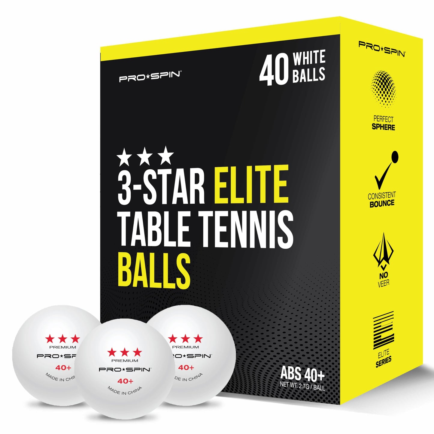 PRO-SPIN Ping Pong Balls - 3-Star Premium White Table Tennis Balls | High-Performance 40+ ABS Professional Quality for Indoor & Outdoor Games (Pack of 40)