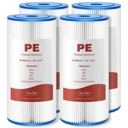 SimPure 10"x4.5" Pleated Sediment Water Filter, 50 Micron Whole House Water Filter Cartridge for Well Water Compatible with FXHSC, ECP20-BB, R50-BBSA, CB1-SED10-BB (4 Pack)