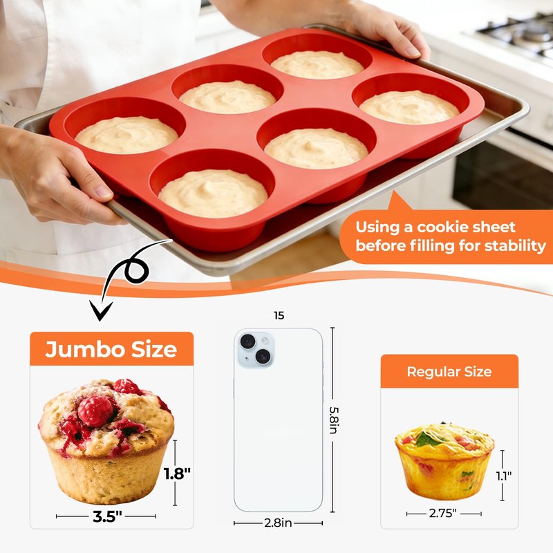 Jumbo Muffin Pan, 3.5 Inch Large Muffin Pan 6 Cup Silicone Jumbo Cupcake Tin for Baking Food Grade Silicone Mold Non Stick