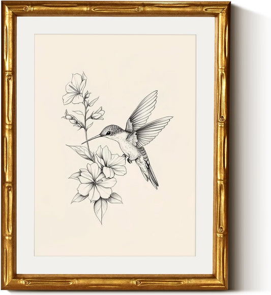 Skiennix Hummingbird Botanical Wall Art - Elegant 11x14 Framed Canvas Print for Office & Bedroom Decor