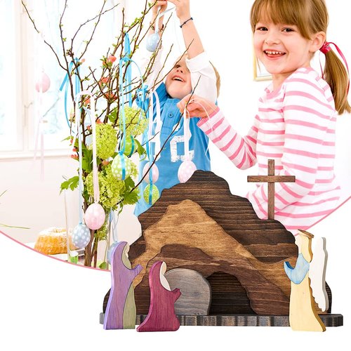 IoF Easter Resurrection Scene Ornament, Wooden Religious He is Risen Easter Decorations, Wood Christian Empty Tomb Figurines, Jesus Nativity Home Decor Set Gifts for Kids for Easter, Christmas, Office