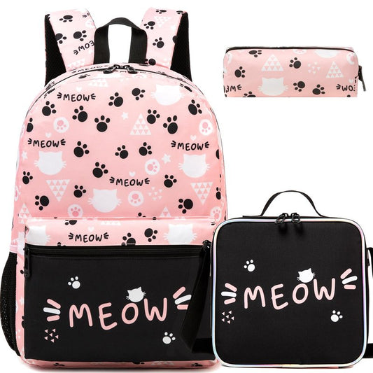 Backpack for School Kids Backpacks for Girls Bookbag Set Backpacks for Teen Girls with Lunch Box Pink Cat Preppy Backpack for School